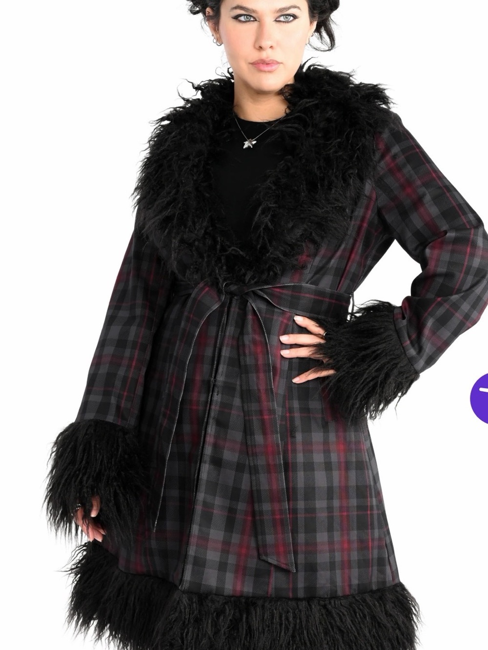 Plaid Faux-Fur Trim Wrap Robe Coat - Black and Burgundy